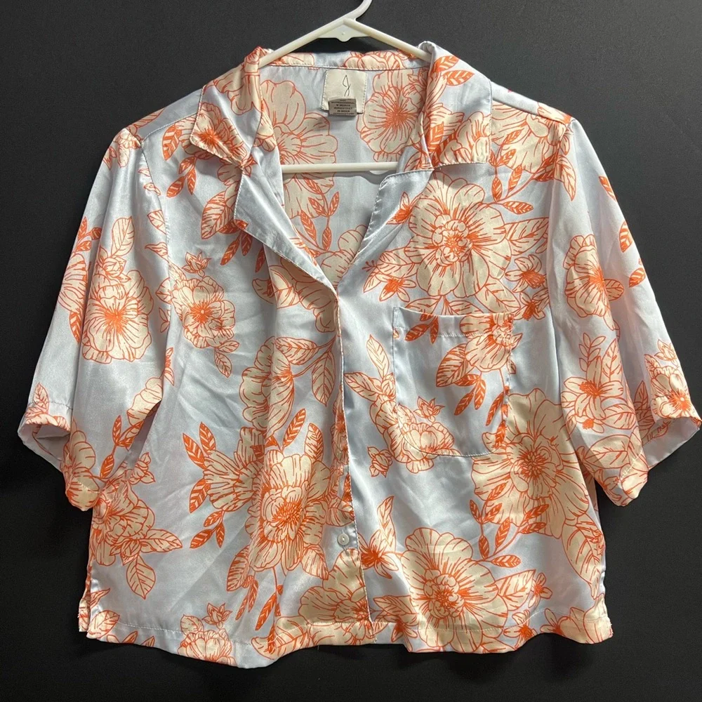 Joie‎ top Satin Pajamas Sz m Blue Orange Floral Pockets